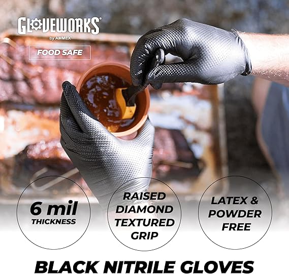 GLOVEWORKS HD BLACK 6 MIL NITRILE GLOVES WITH RAISED DIAMOND TEXTURE, LATEX-FREE DISPOSABLE GLOVES