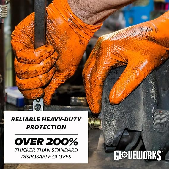 GLOVEWORKS HD ORANGE 8 MIL NITRILE GLOVES WITH RAISED DIAMOND TEXTURE, LATEX-FREE DISPOSABLE GLOVES