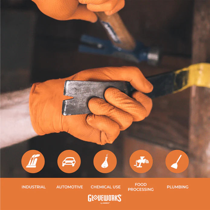 GLOVEWORKS HD ORANGE 8 MIL NITRILE GLOVES WITH RAISED DIAMOND TEXTURE, LATEX-FREE DISPOSABLE GLOVES