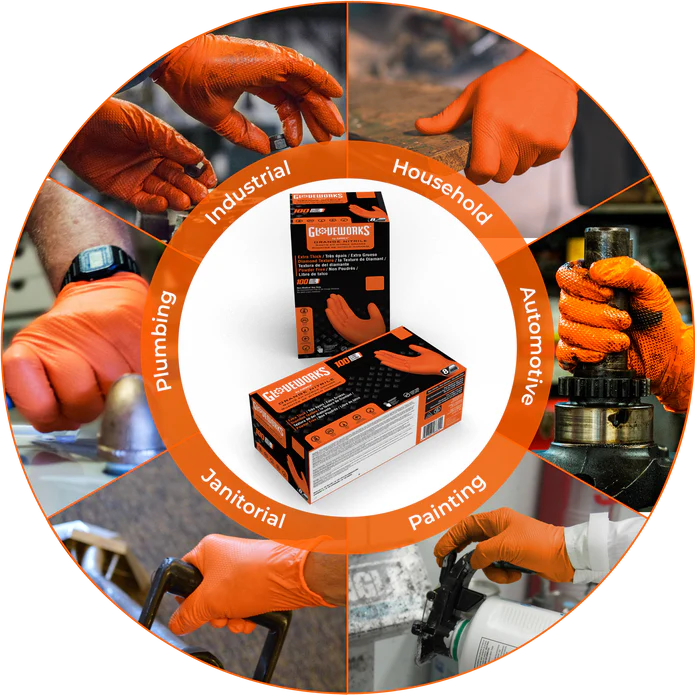 GLOVEWORKS HD ORANGE 8 MIL NITRILE GLOVES WITH RAISED DIAMOND TEXTURE, LATEX-FREE DISPOSABLE GLOVES