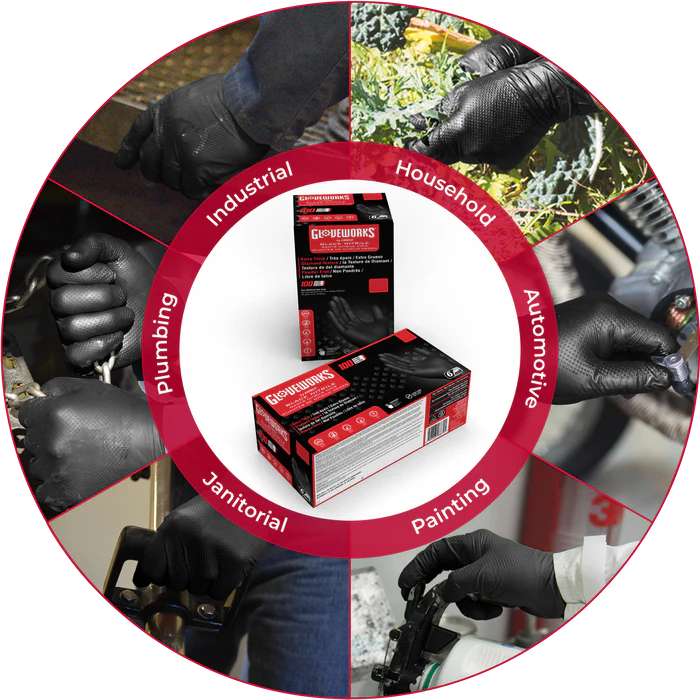 GLOVEWORKS HD BLACK 6 MIL NITRILE GLOVES WITH RAISED DIAMOND TEXTURE, LATEX-FREE DISPOSABLE GLOVES