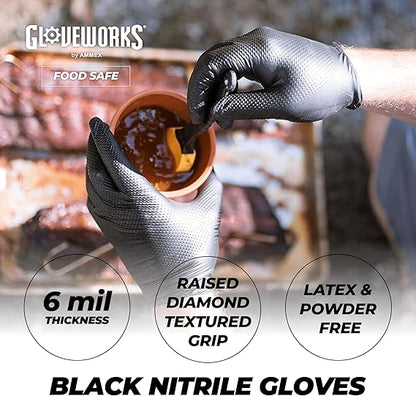 GLOVEWORKS HD BLACK 6 MIL NITRILE GLOVES WITH RAISED DIAMOND TEXTURE, LATEX-FREE DISPOSABLE GLOVES