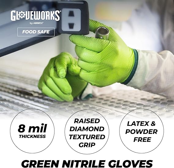 GLOVEWORKS HD GREEN 8 MIL NITRILE GLOVES WITH RAISED DIAMOND TEXTURE, LATEX-FREE DISPOSABLE GLOVES