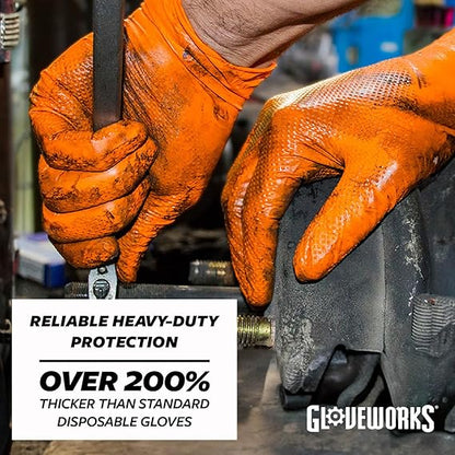 GLOVEWORKS HD ORANGE 8 MIL NITRILE GLOVES WITH RAISED DIAMOND TEXTURE, LATEX-FREE DISPOSABLE GLOVES