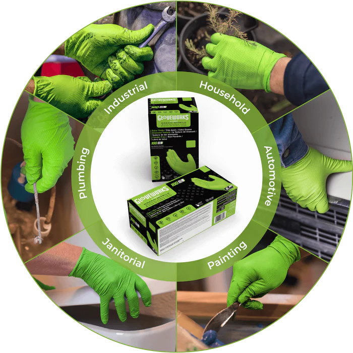 GLOVEWORKS HD GREEN 8 MIL NITRILE GLOVES WITH RAISED DIAMOND TEXTURE, LATEX-FREE DISPOSABLE GLOVES