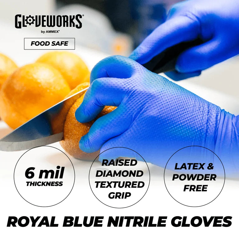 GLOVEWORKS HD ROYAL BLUE 6 MIL NITRILE GLOVES WITH RAISED DIAMOND TEXTURE, LATEX-FREE DISPOSABLE GLOVES